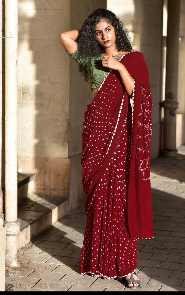 Maroon Bandhani Print Chiffon Saree