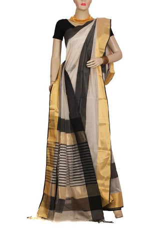 White Color Maheshwari Silk Saree with wide Black & Golden Border