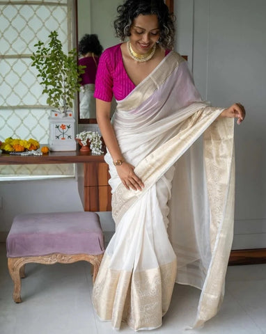 Stunning White Cotton Silk Saree