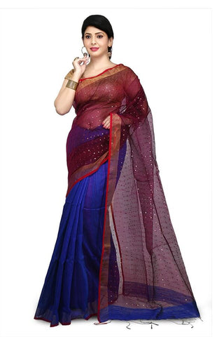 Maroon & Blue Bi Color Designer Matka-Resham Silk Two Shaded Saree