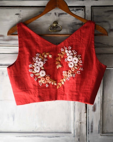 Red Cotton Readymade Sleeveless Blouse with Embroidery