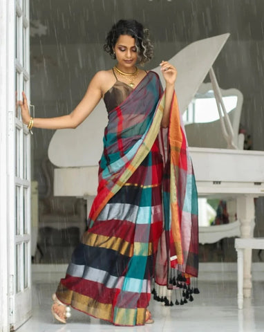 Red, Black, Teal and Gold Cotton-Zari Saree