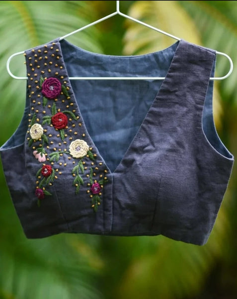 Grey Readymade Hand Embroidered Cotton Slub Blouse