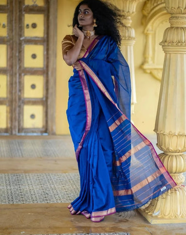 Blue And Golden Cotton Silk Saree