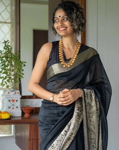 Comfortable Black Cotton Silk Saree